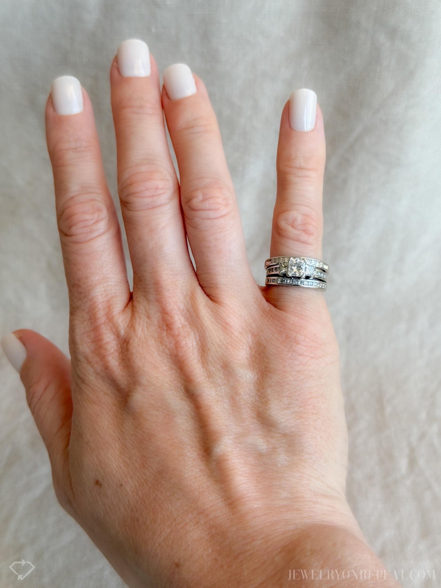 Vintage Three Stone Princess Cut Diamond Engagement Ring and Wedding Band Set in 14k White Gold, 90s Jewelry - Sustainable, @JewelryOnRepeat