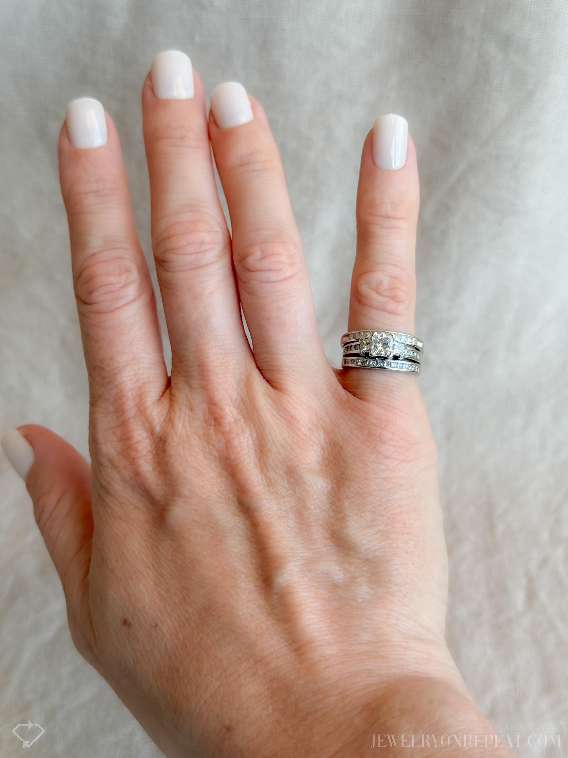 Vintage Three Stone Princess Cut Diamond Engagement Ring and Wedding Band Set in 14k White Gold, 90s Jewelry - Sustainable, @JewelryOnRepeat