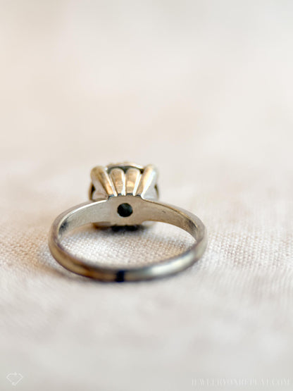 Vintage Diamond Engagement Ring, Round Cut, 14k White Gold, 1950s Halo Cluster Bridal Ring