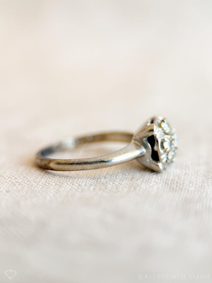 Vintage Diamond Engagement Ring, Round Cut, 14k White Gold, 1950s Halo Cluster Bridal Ring