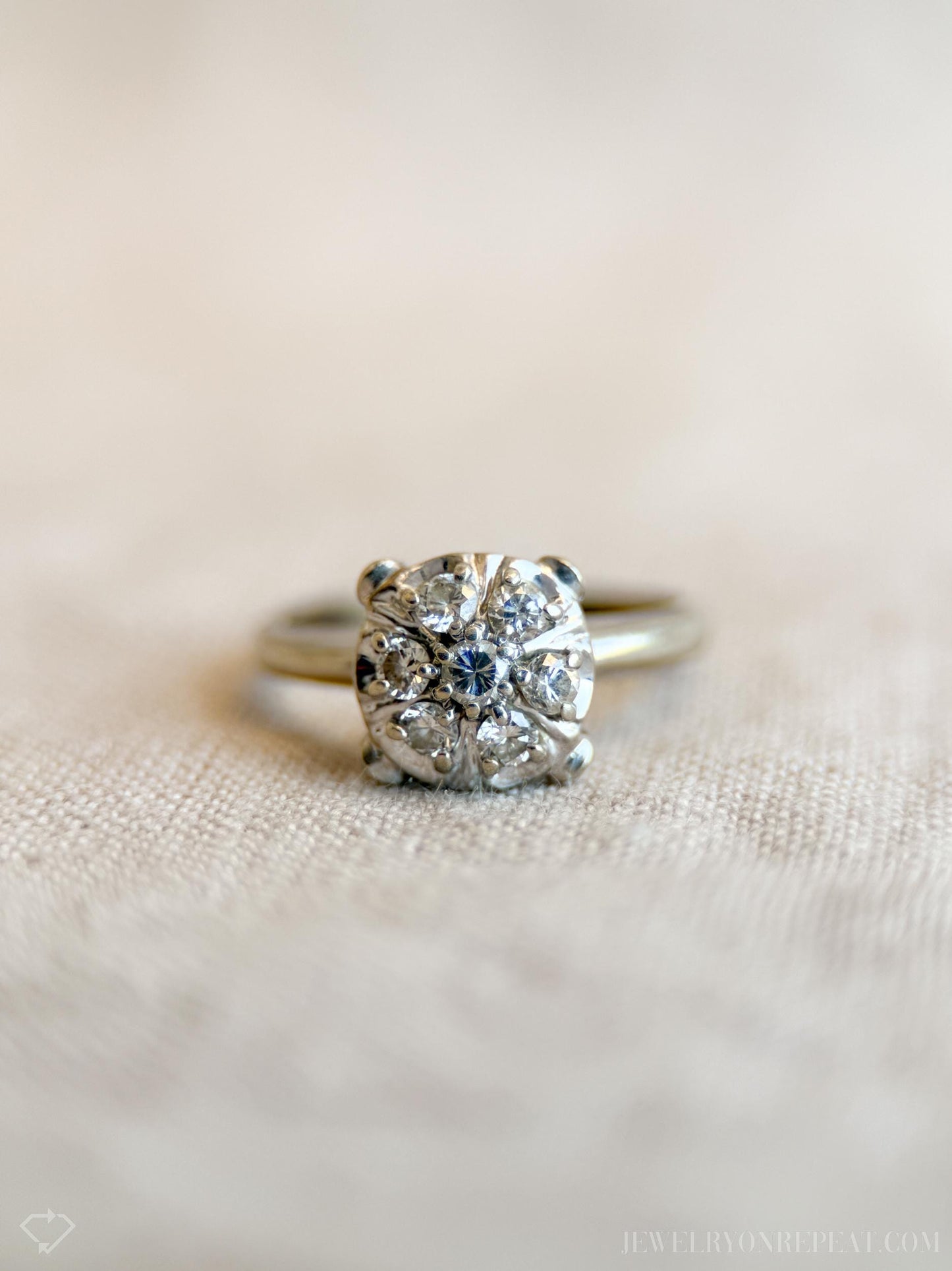 Vintage Diamond Engagement Ring, Round Cut, 14k White Gold, 1950s Halo Cluster Bridal Ring
