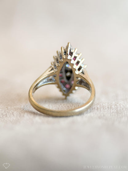Vintage Diamond & Ruby Engagement Ring, Marquise Shaped, 14k White Gold, 1950s Cluster Bridal Ring