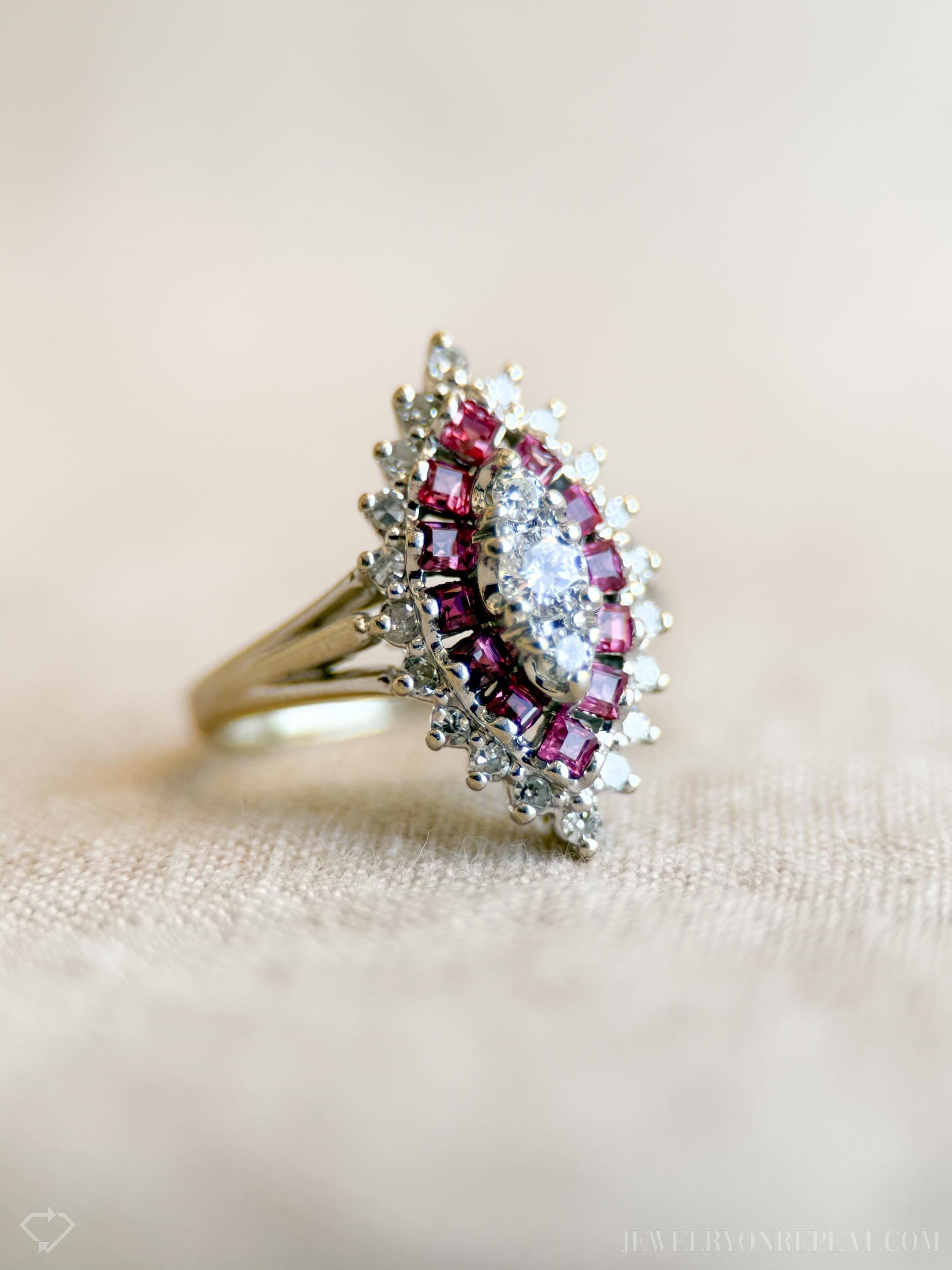 Vintage Diamond & Ruby Engagement Ring, Marquise Shaped, 14k White Gold, 1950s Cluster Bridal Ring