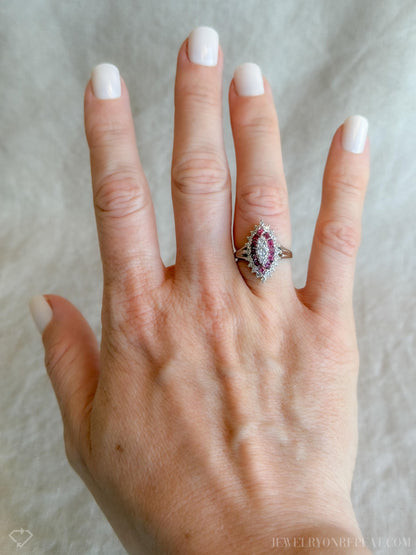 Vintage Diamond & Ruby Engagement Ring, Marquise Shaped, 14k White Gold, 1950s Cluster Bridal Ring
