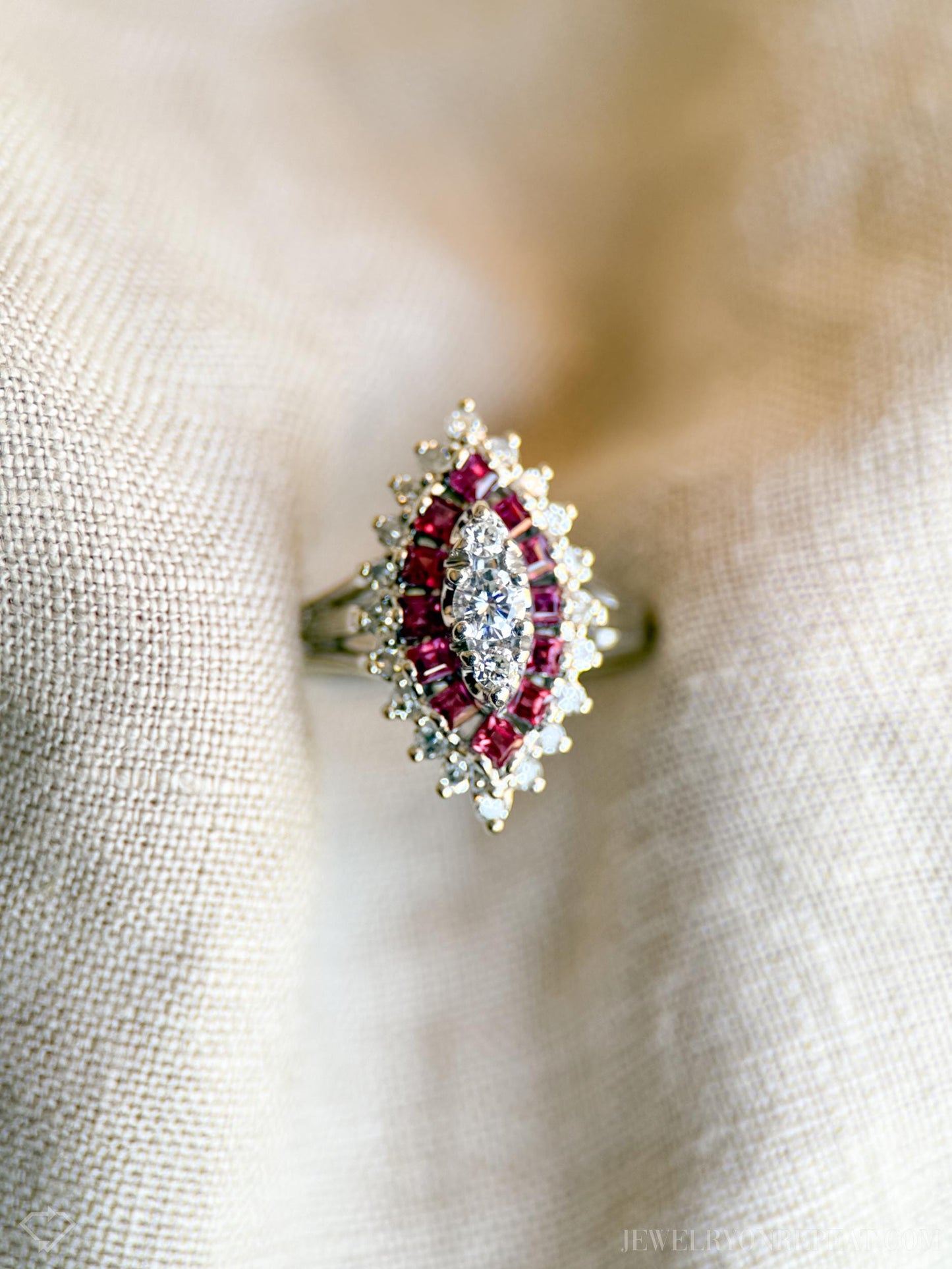 Vintage Diamond & Ruby Engagement Ring, Marquise Shaped, 14k White Gold, 1950s Cluster Bridal Ring