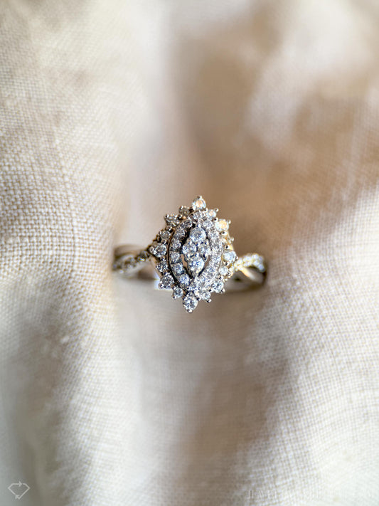Vintage Marquise Diamond Cluster Engagement Ring in 10k White Gold, Antique 1990s Jewelry - Timeless, Sustainable, @JewelryOnRepeat