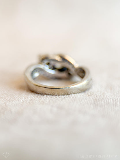 Vintage Diamond Engagement Ring, Round Cut, 14k White Gold, 1990s Three-Stone Swirl Bridal Ring