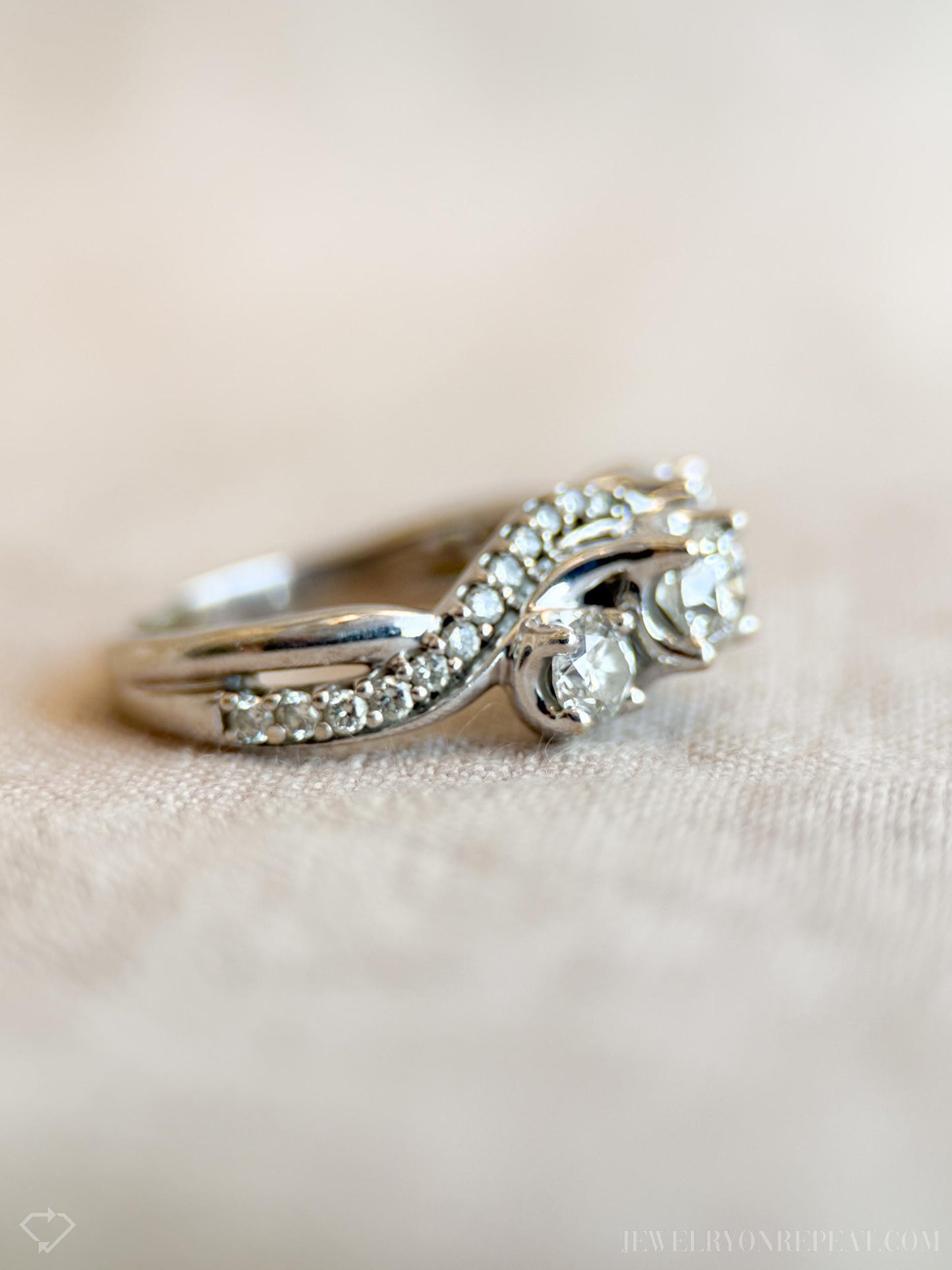 Vintage Diamond Engagement Ring, Round Cut, 14k White Gold, 1990s Three-Stone Swirl Bridal Ring