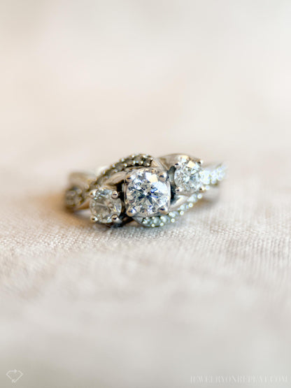 Vintage Diamond Engagement Ring, Round Cut, 14k White Gold, 1990s Three-Stone Swirl Bridal Ring