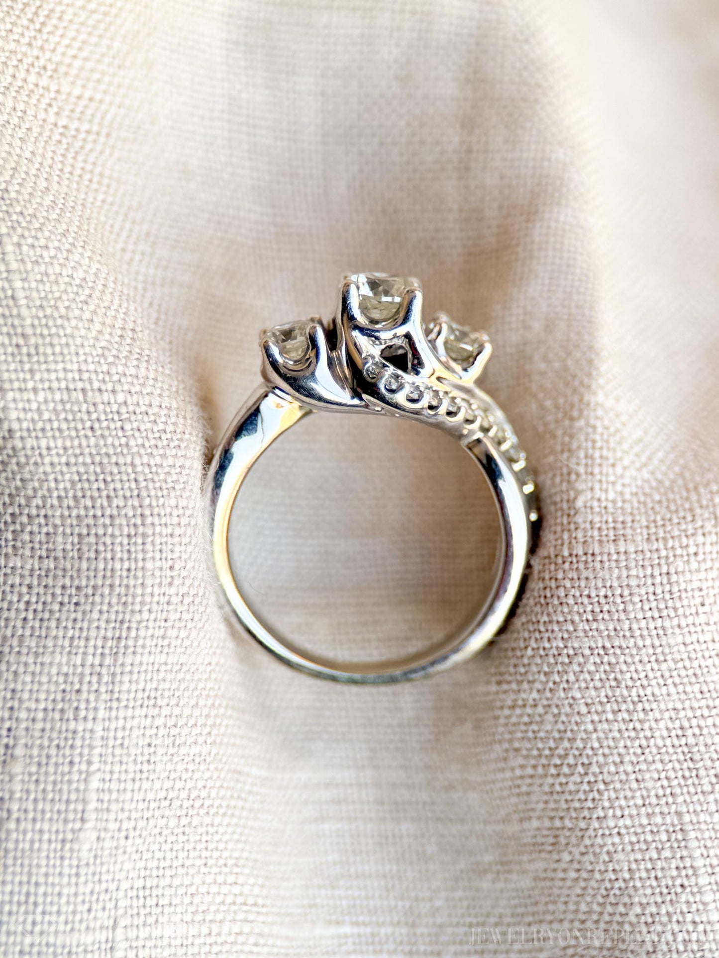 Vintage Diamond Engagement Ring, Round Cut, 14k White Gold, 1990s Three-Stone Swirl Bridal Ring