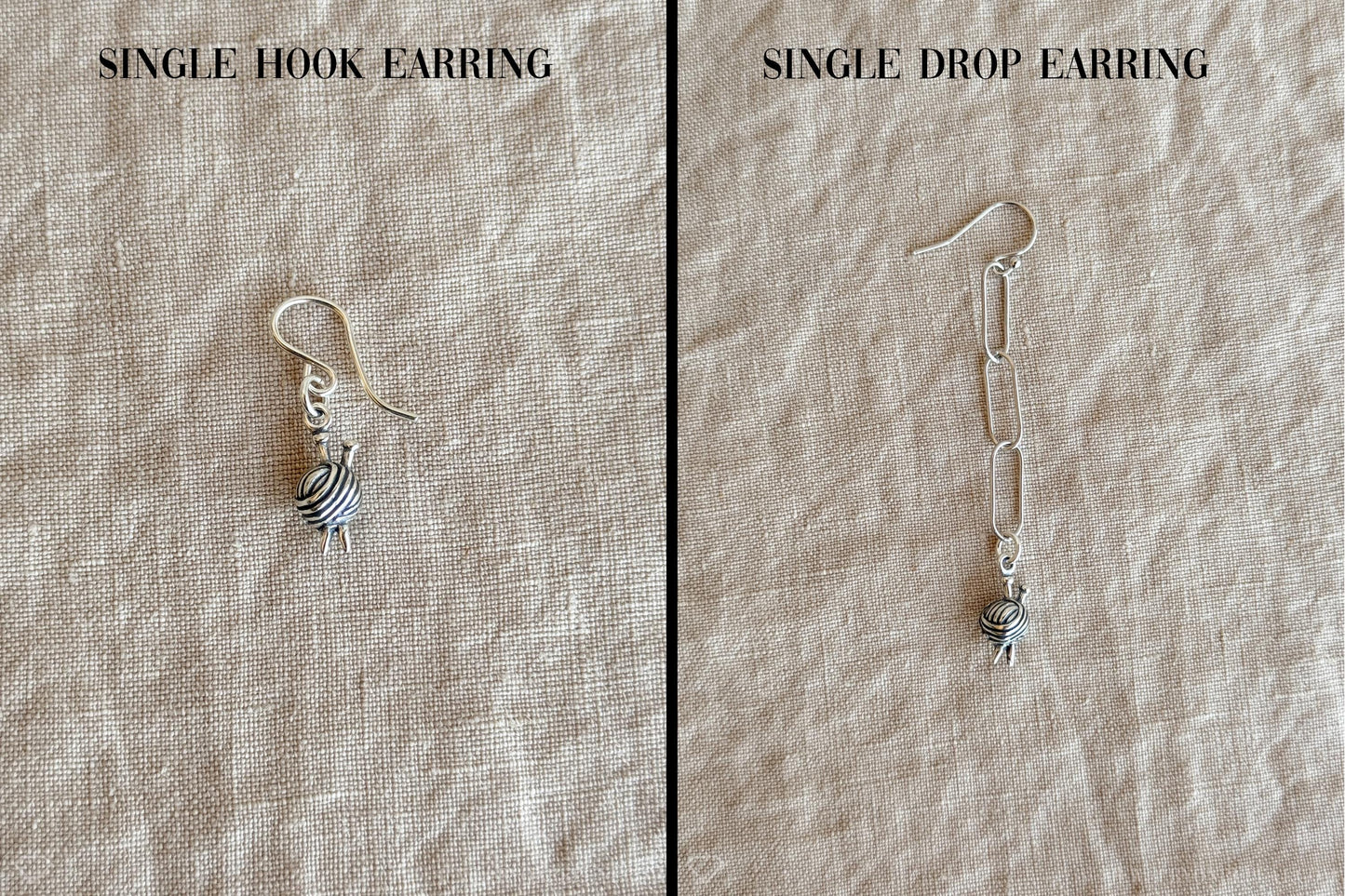 Knitting Ball of Yarn Earrings in Solid Sterling Silver, Crafting Themed Personalized Charm Jewelry