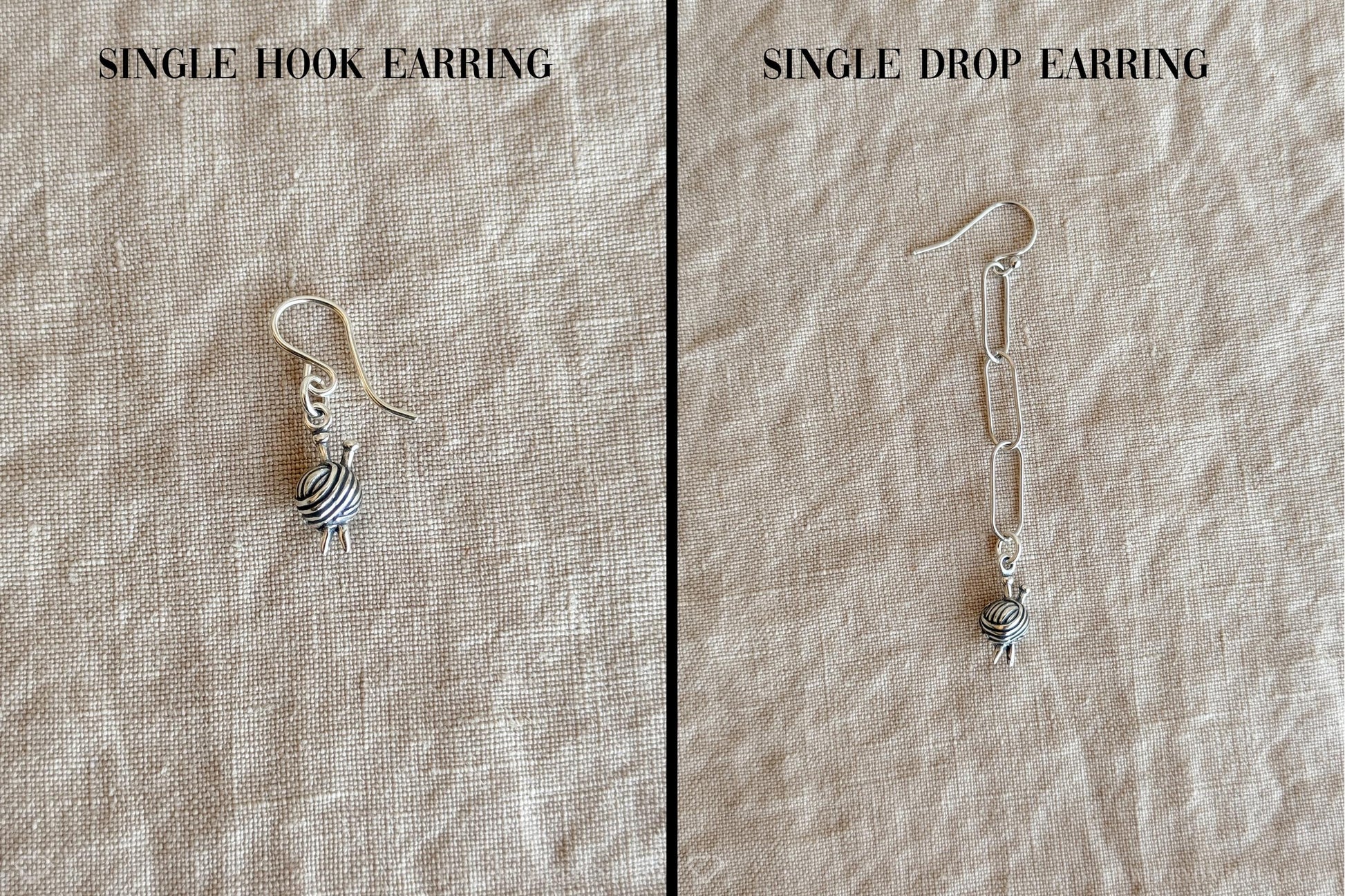 Knitting Ball of Yarn Earrings in Solid Sterling Silver, Crafting Themed Personalized Charm Jewelry