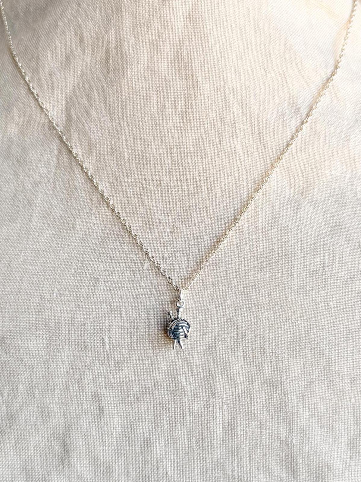 Sterling Silver Yarn Knitting Charm Necklace, Minimal Layering Jewelry, Gift for Her