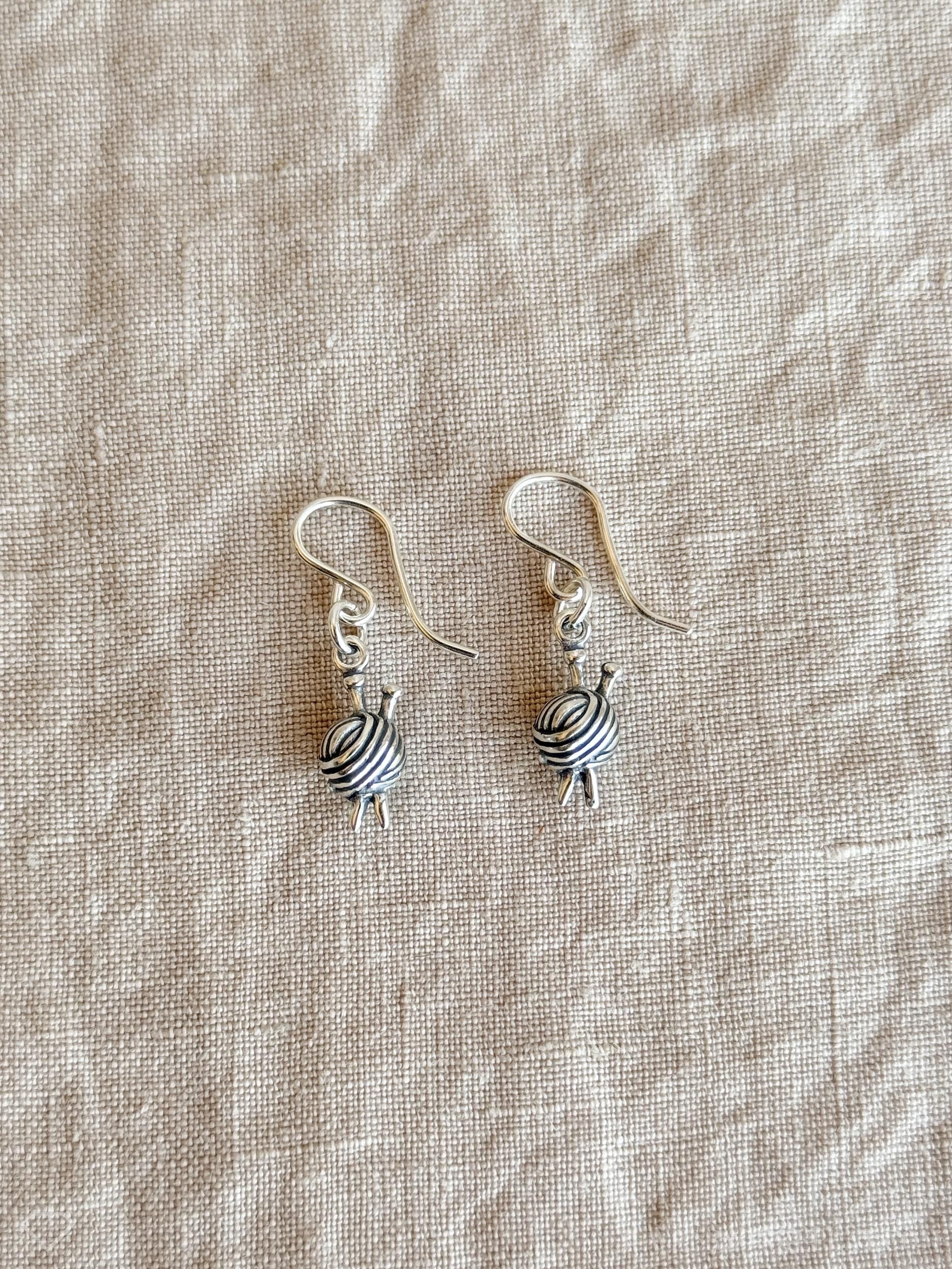 Knitting Ball of Yarn Earrings in Solid Sterling Silver, Crafting Themed Personalized Charm Jewelry