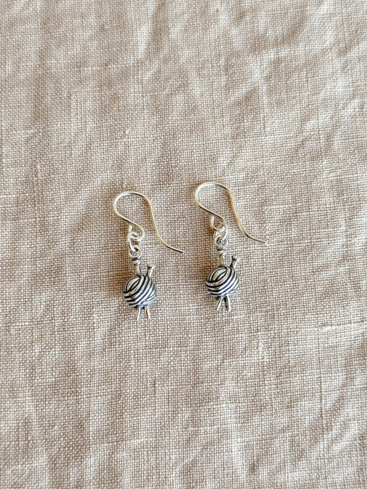 Knitting Ball of Yarn Earrings in Solid Sterling Silver, Crafting Themed Personalized Charm Jewelry