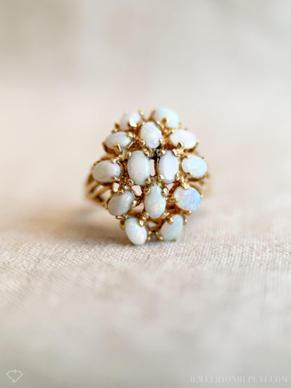 Vintage Opal Ring, 14k Gold, Cluster Statement Ring, 1970s Gemstone Jewelry