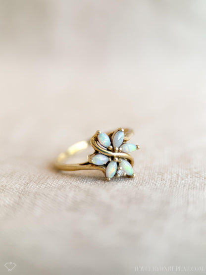 Vintage Opal Flower Ring, 14k Gold, Marquise Floral Cluster Statement Ring, Unique Gemstone Jewelry