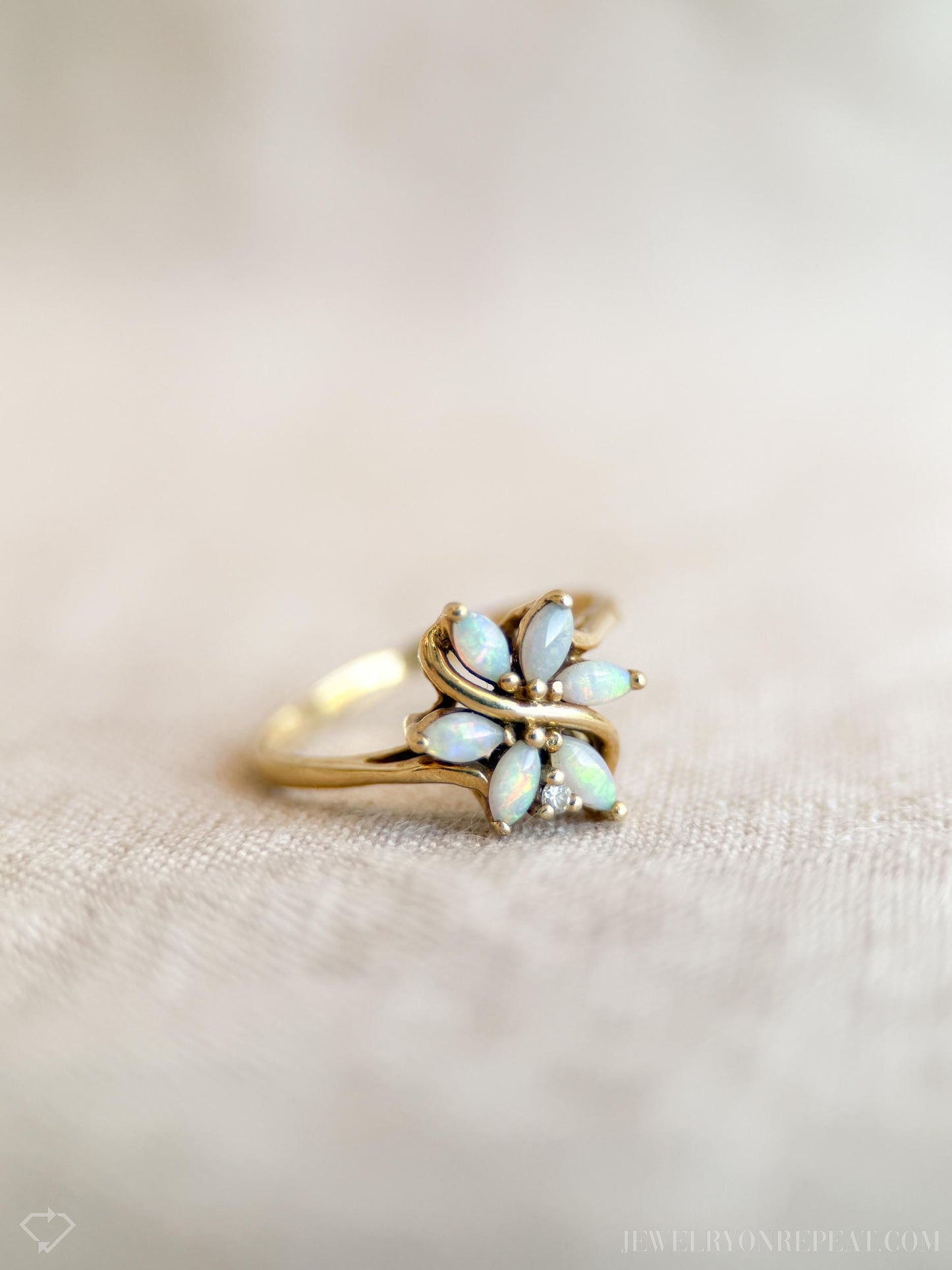 Vintage Opal Flower Ring, 14k Gold, Marquise 1970s Floral Cluster Statement Ring, Gemstone Jewelry