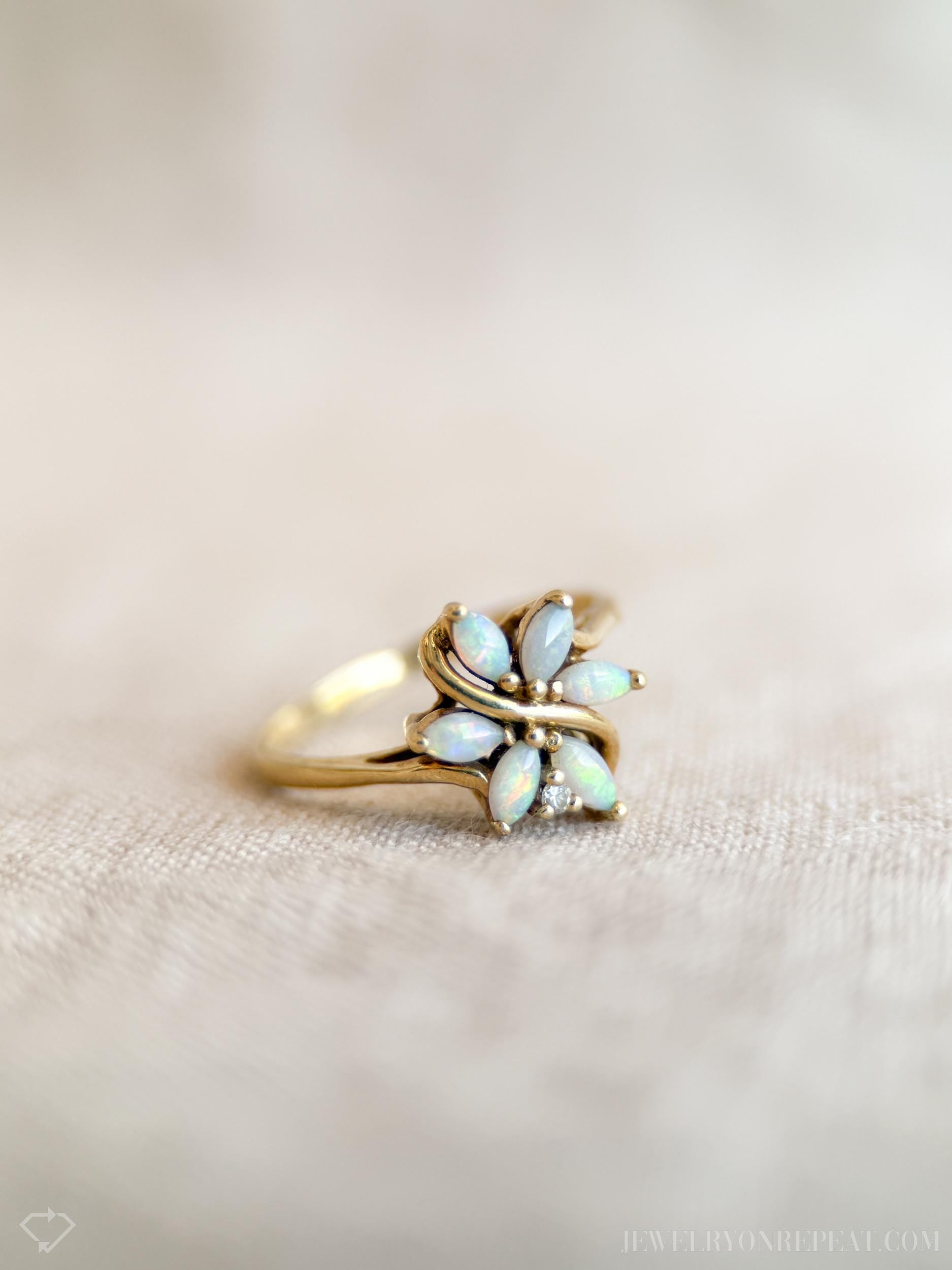 Vintage Opal Flower Ring, 14k Gold, Marquise 1970s Floral Cluster Statement Ring, Gemstone Jewelry