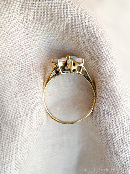 Vintage Opal Flower Ring, 14k Gold, Marquise Floral Cluster Statement Ring, Unique Gemstone Jewelry