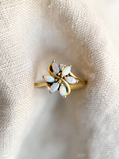 Vintage Opal Flower Ring, 14k Gold, Marquise 1970s Floral Cluster Statement Ring, Gemstone Jewelry