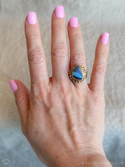 Vintage 1970s Boulder Opal Filigree Ring in 14k Gold