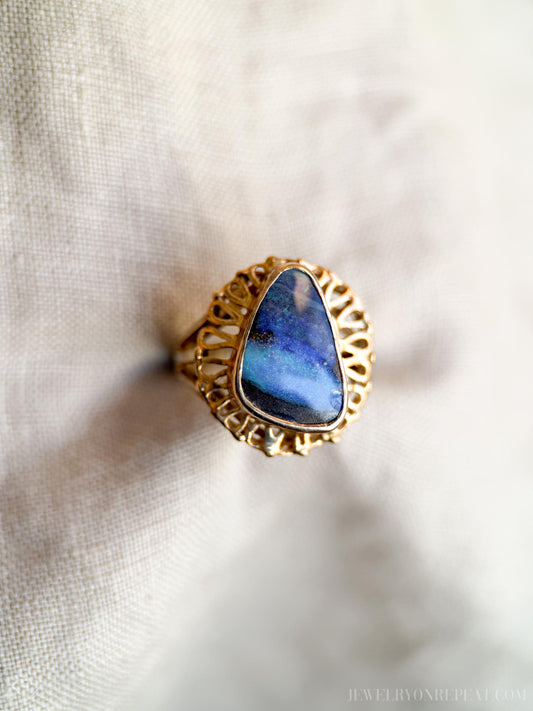 Vintage Boulder Opal Filigree Ring in 14k Gold, Antique Jewelry from the 1970s - Timeless, Sustainable, @JewelryOnRepeat