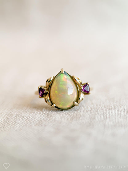 Vintage 1990s Pear Cut Opal & Garnet Ring, 14k Gold