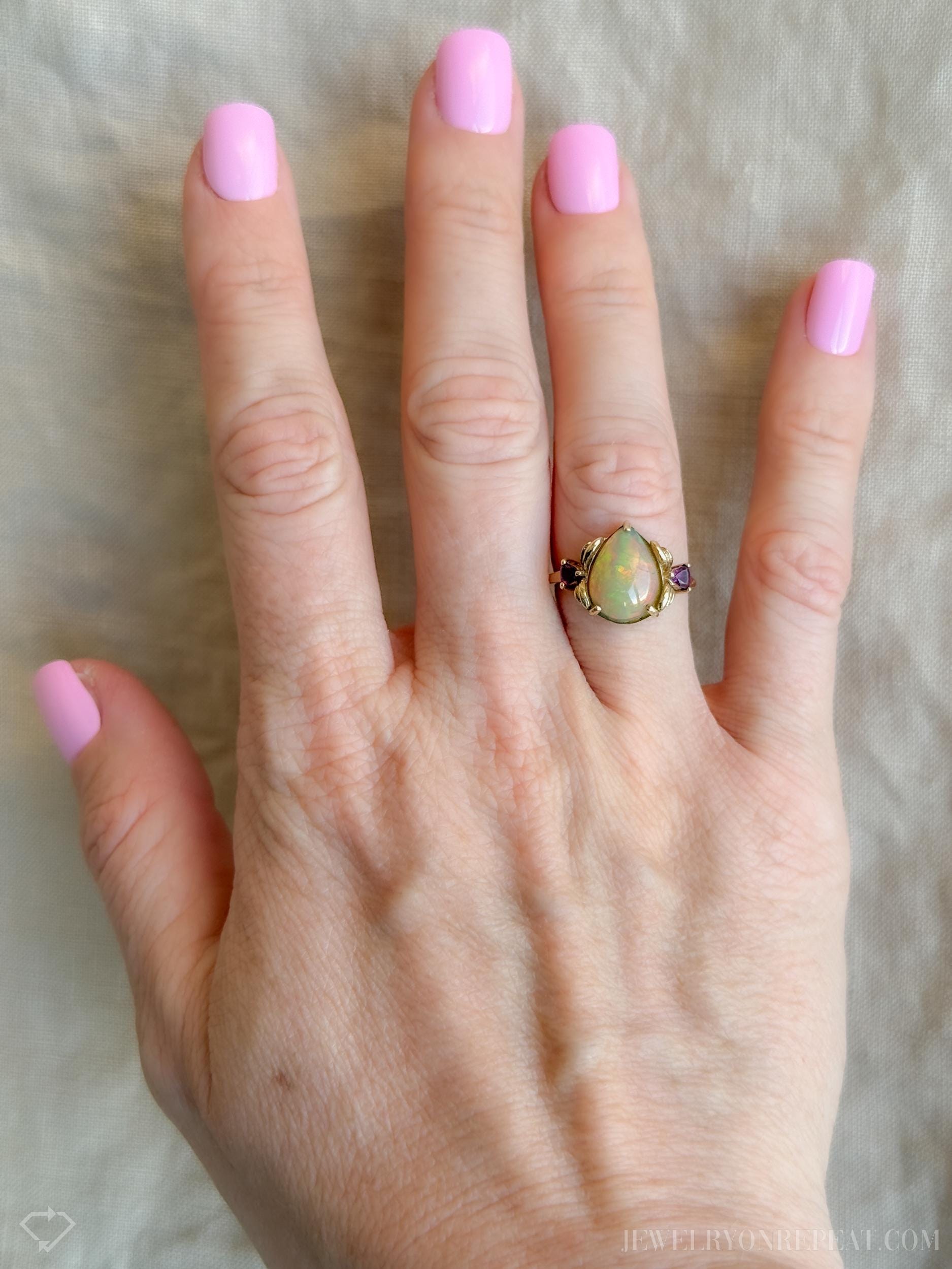 Vintage Pear Cut Opal and Garnet Ring in 14k Gold, Antique Jewelry from the 1990s - Timeless, Sustainable, @JewelryOnRepeat