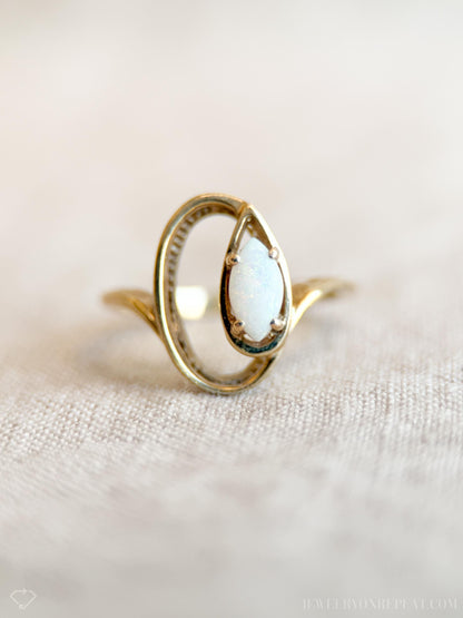 Vintage Opal Ring, 10k Gold, Marquise Ellipse Statement Ring, Unique Gemstone Jewelry