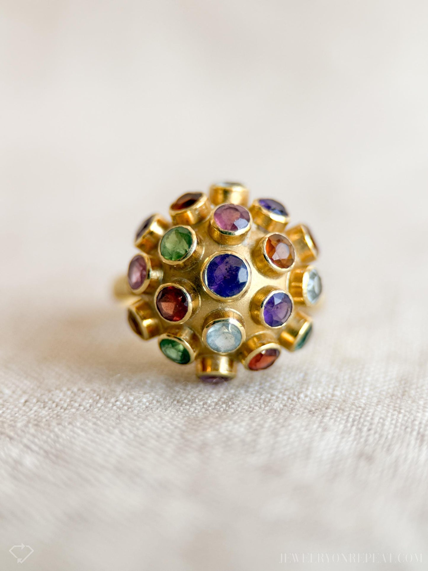 Vintage Rainbow Gemstone Disco Ball Statement Ring in 18k Gold, Antique Jewelry from the 1970s - Timeless, Sustainable, @JewelryOnRepeat