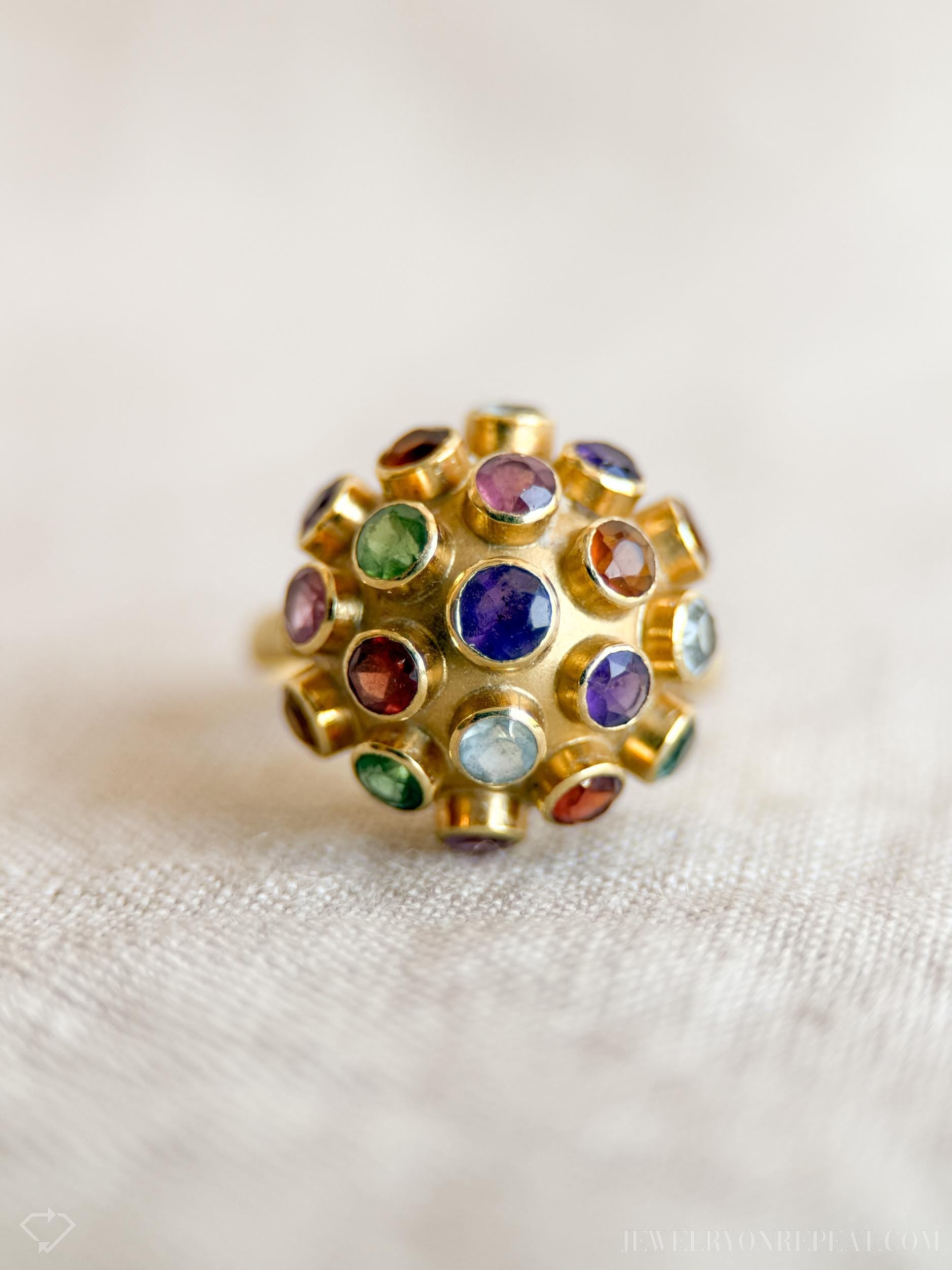 Vintage Rainbow Gemstone Disco Ball Statement Ring in 18k Gold, Antique Jewelry from the 1970s - Timeless, Sustainable, @JewelryOnRepeat