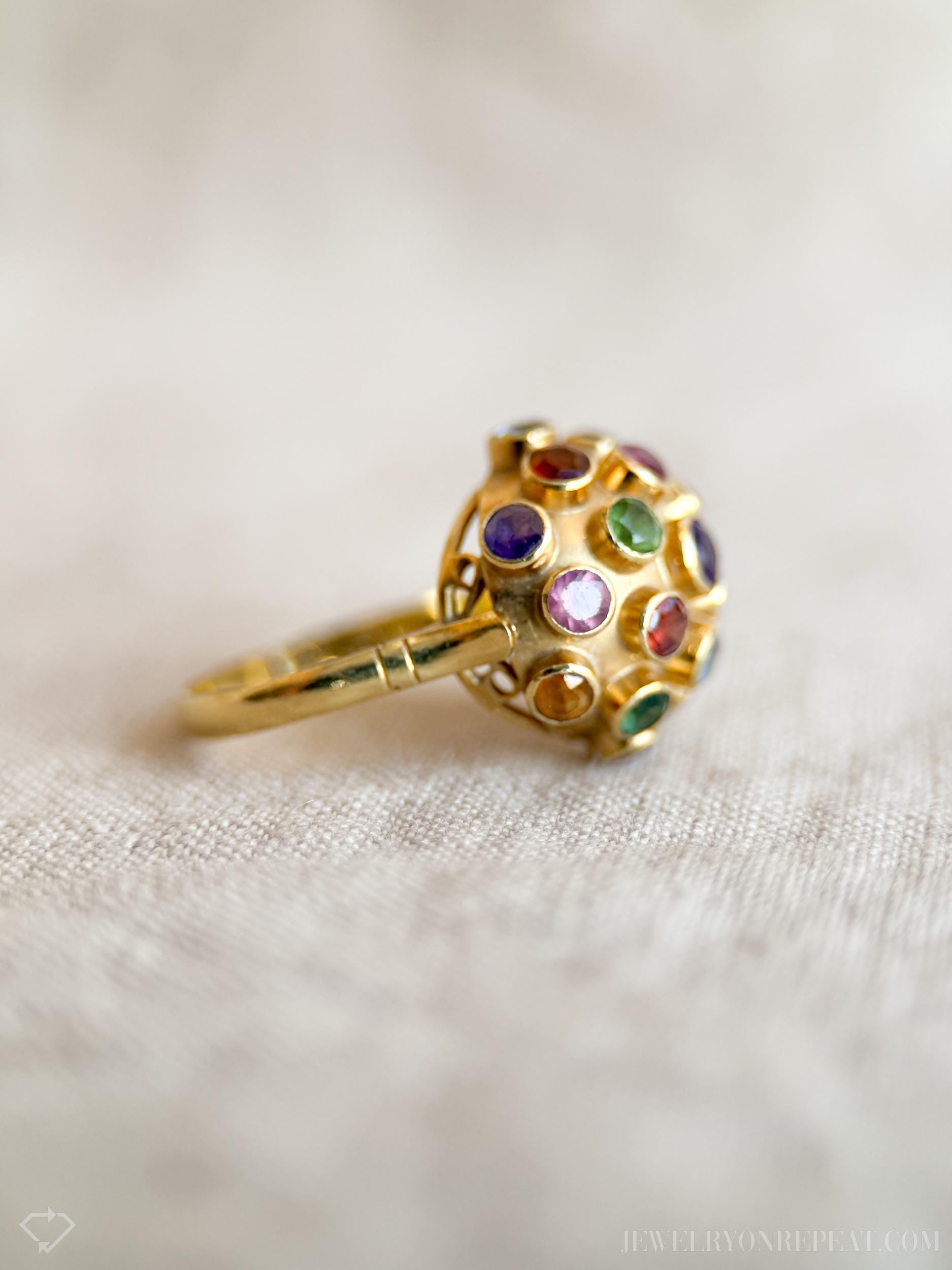 Vintage Rainbow Gemstone Disco Ball Statement Ring in 18k Gold, Antique Jewelry from the 1970s - Timeless, Sustainable, @JewelryOnRepeat