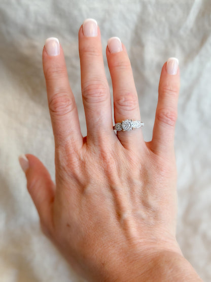Vintage Diamond Engagement Ring, Round Cut, 14k Gold, 1990s Three Stone Halo Bridal Ring
