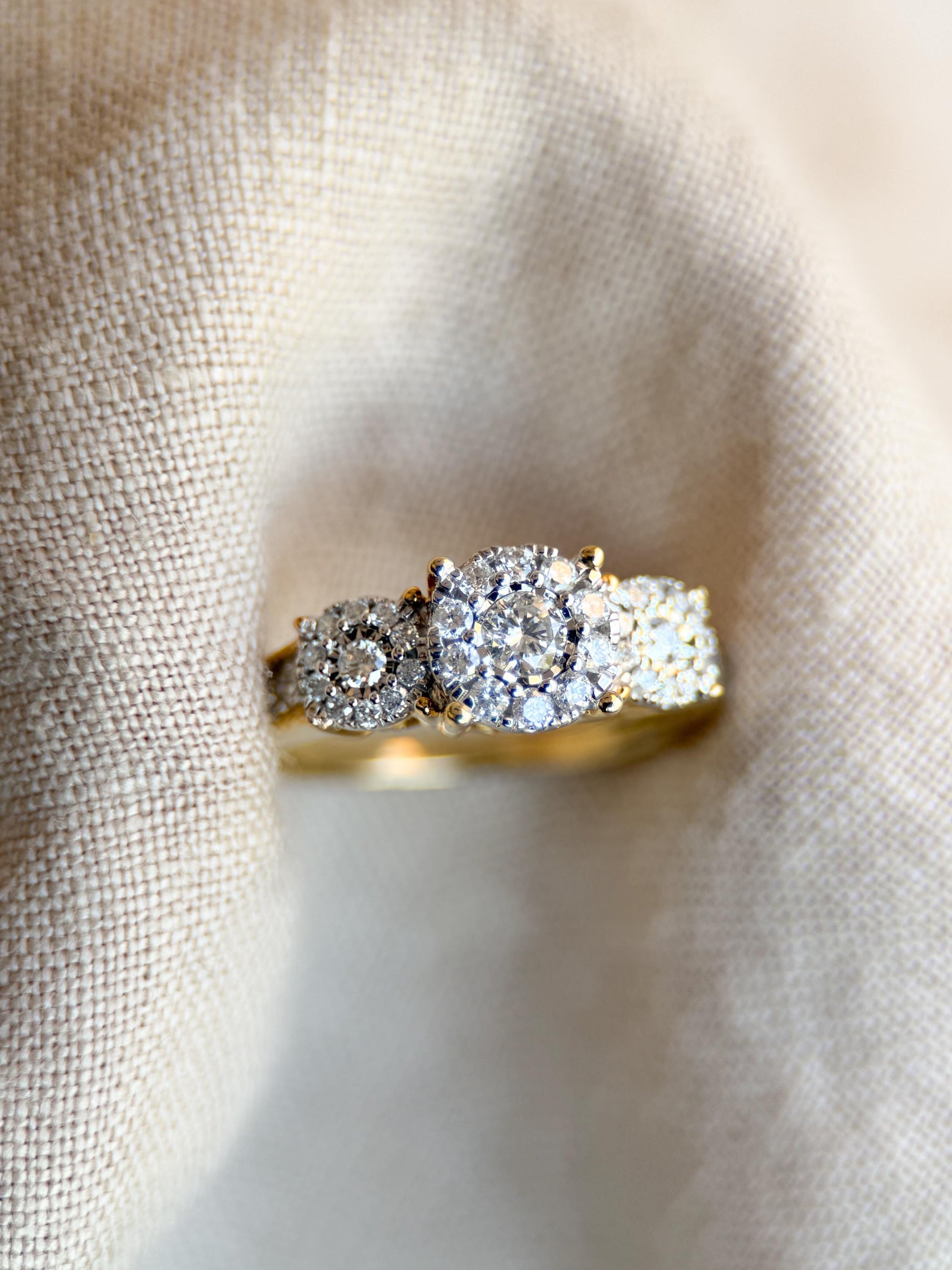 Vintage Diamond Halo Three Stone Engagement Ring in 14k Gold - Retro 1990s Jewelry - Timeless, Sustainable, @JewelryOnRepeat
