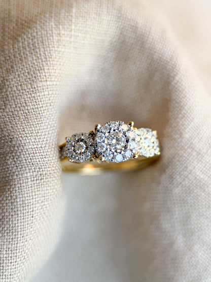 Vintage Diamond Engagement Ring, Round Cut, 14k Gold, 1990s Three Stone Halo Bridal Ring