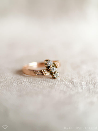 Antique Diamond Engagement Ring, Rose Cut, 10k Gold, 1890s Three-Stone Art Nouveau Bridal Ring