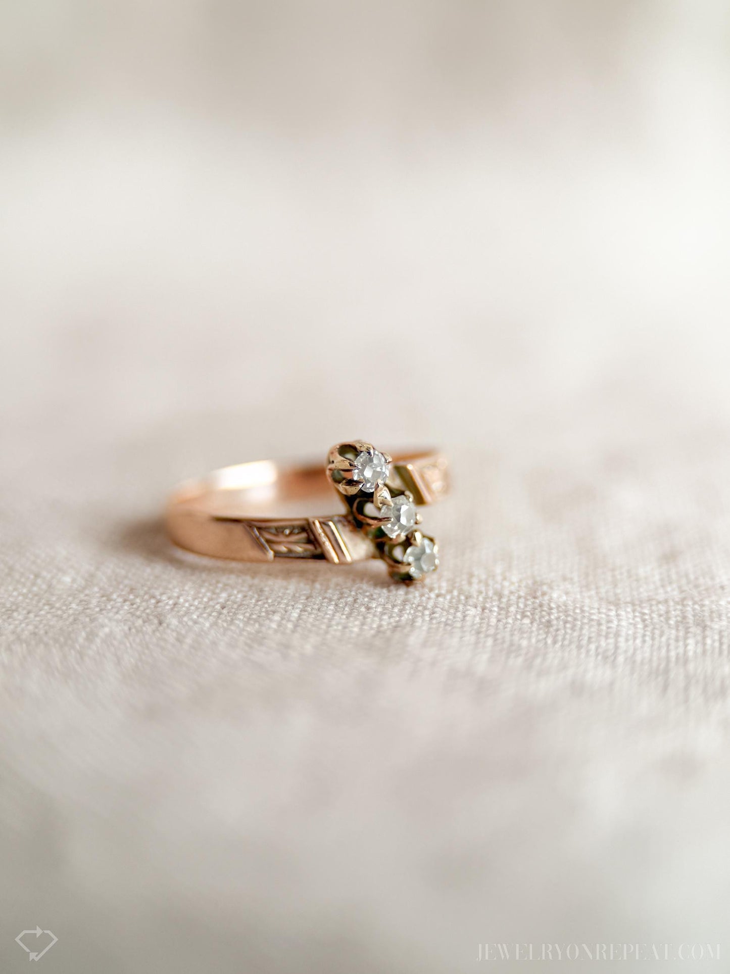 Antique Diamond Engagement Ring, Rose Cut, 10k Gold, 1890s Three-Stone Art Nouveau Bridal Ring
