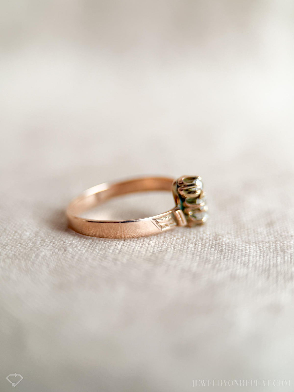 Antique Diamond Engagement Ring, Rose Cut, 10k Gold, 1890s Three-Stone Art Nouveau Bridal Ring