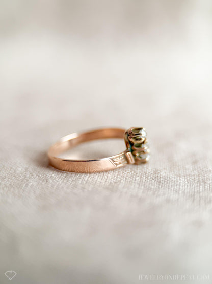 Antique Diamond Engagement Ring, Rose Cut, 10k Gold, 1890s Three-Stone Art Nouveau Bridal Ring