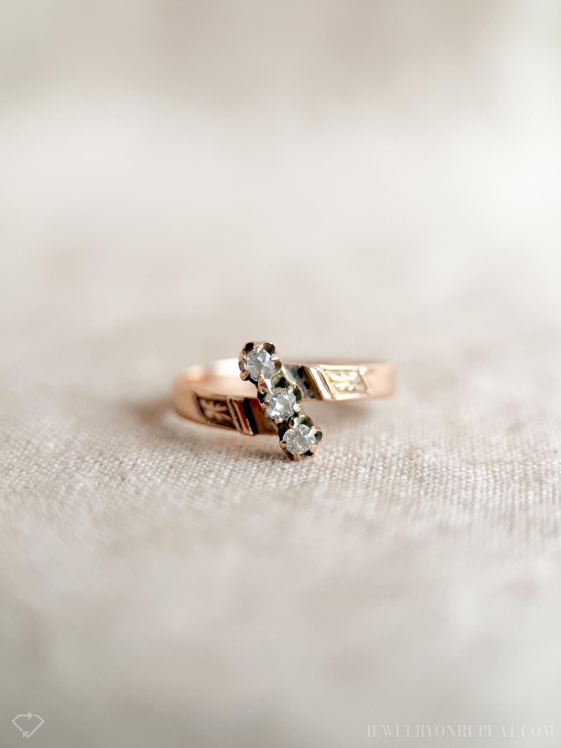 Vintage Rose Cut Diamond Three Stone Engagement Ring in 10k Gold, Antique Jewelry from the 1890s - Timeless, Sustainable, @JewelryOnRepeat
