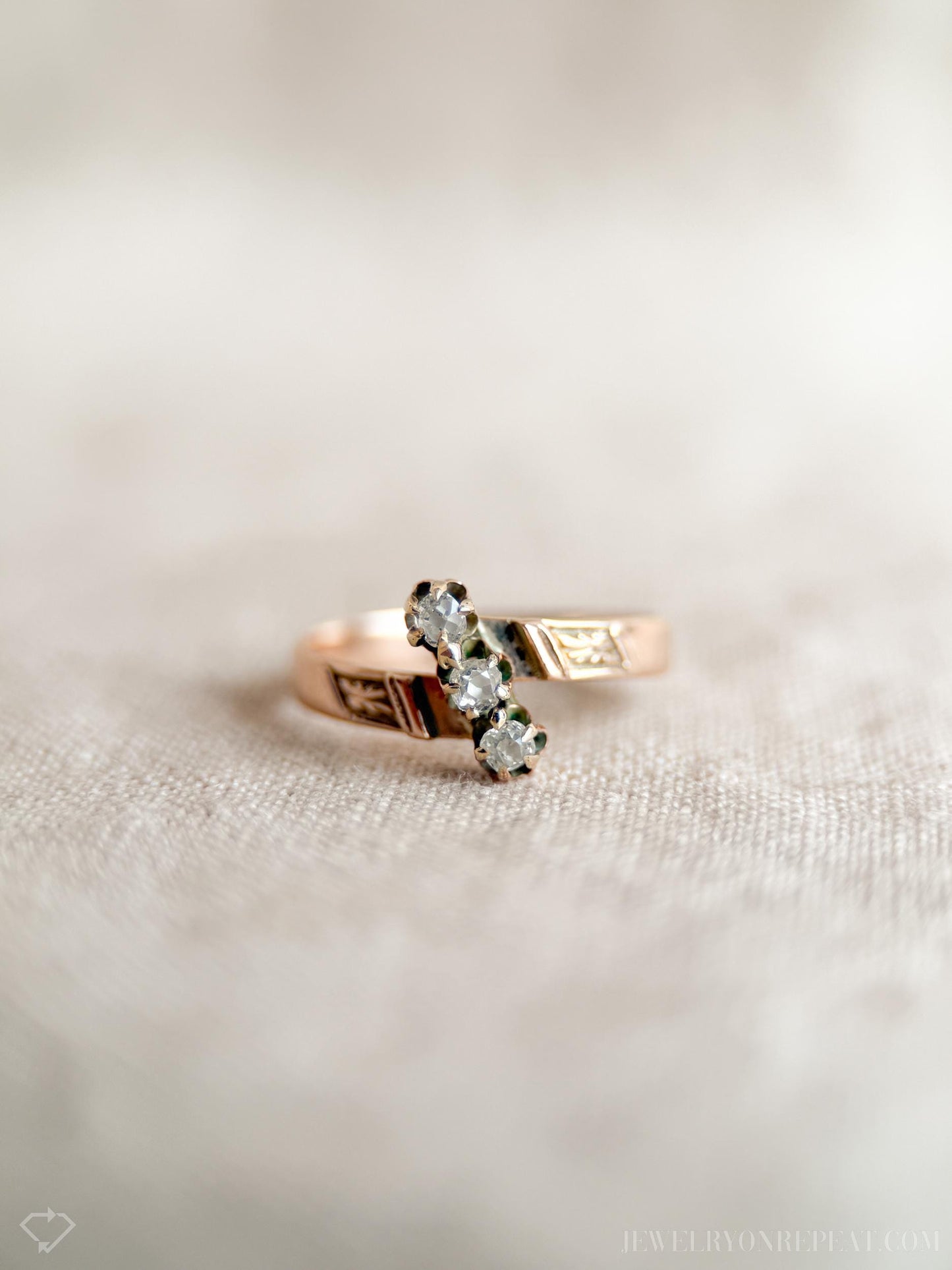 Antique Diamond Engagement Ring, Rose Cut, 10k Gold, 1890s Three-Stone Art Nouveau Bridal Ring