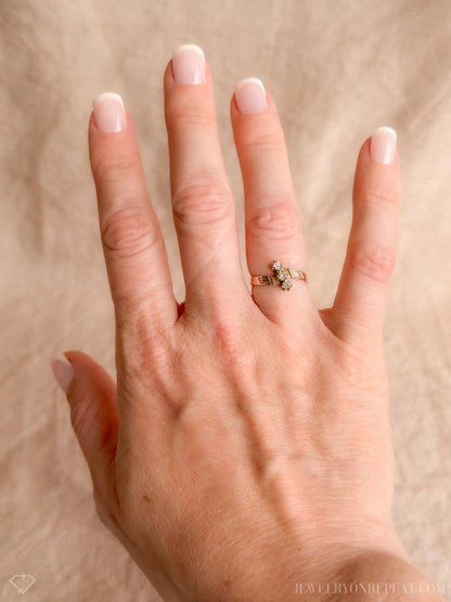 Antique Diamond Engagement Ring, Rose Cut, 10k Gold, 1890s Three-Stone Art Nouveau Bridal Ring