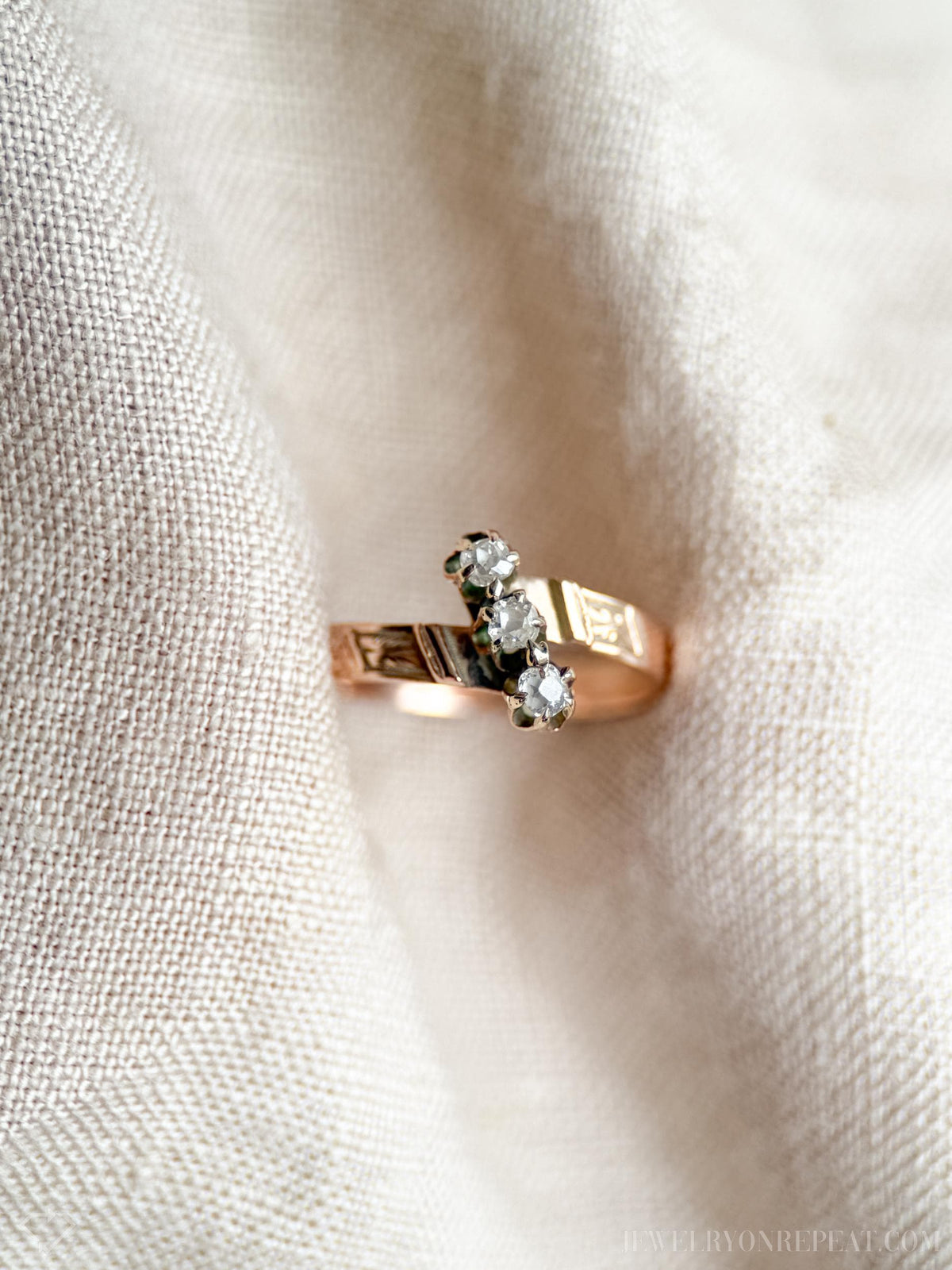 Antique Diamond Engagement Ring, Rose Cut, 10k Gold, 1890s Three-Stone Art Nouveau Bridal Ring