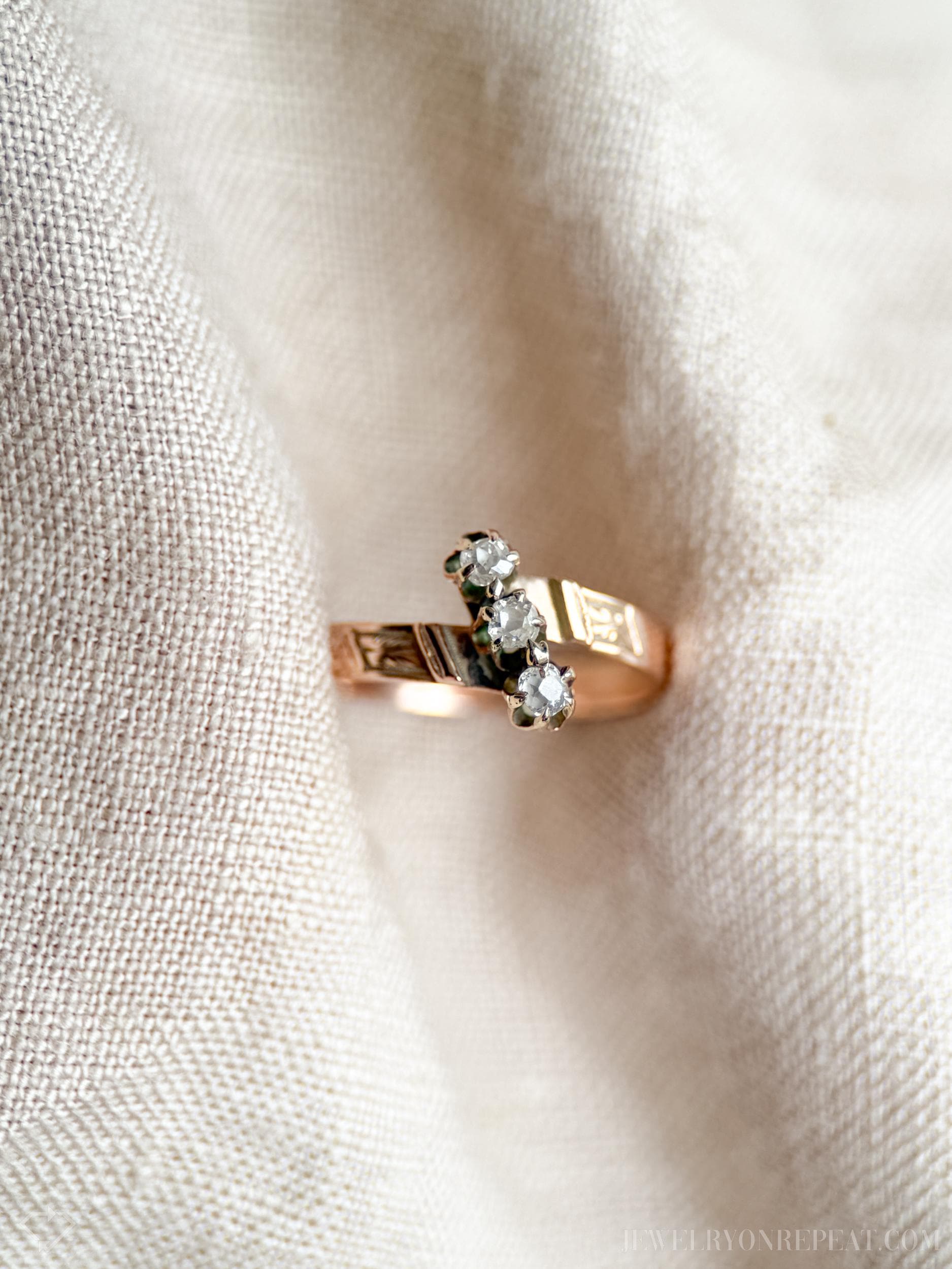 Antique Diamond Engagement Ring, Rose Cut, 10k Gold, 1890s Three-Stone Art Nouveau Bridal Ring