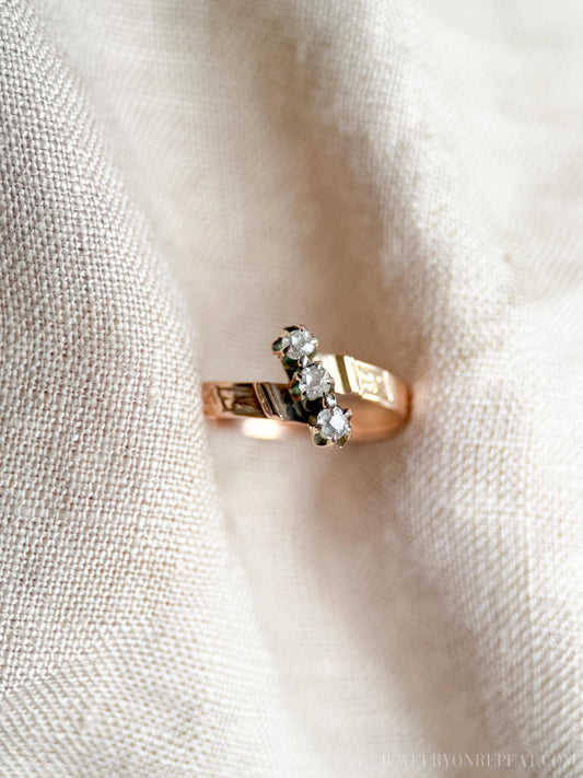 Antique Diamond Engagement Ring, Rose Cut, 10k Gold, 1890s Three-Stone Art Nouveau Bridal Ring