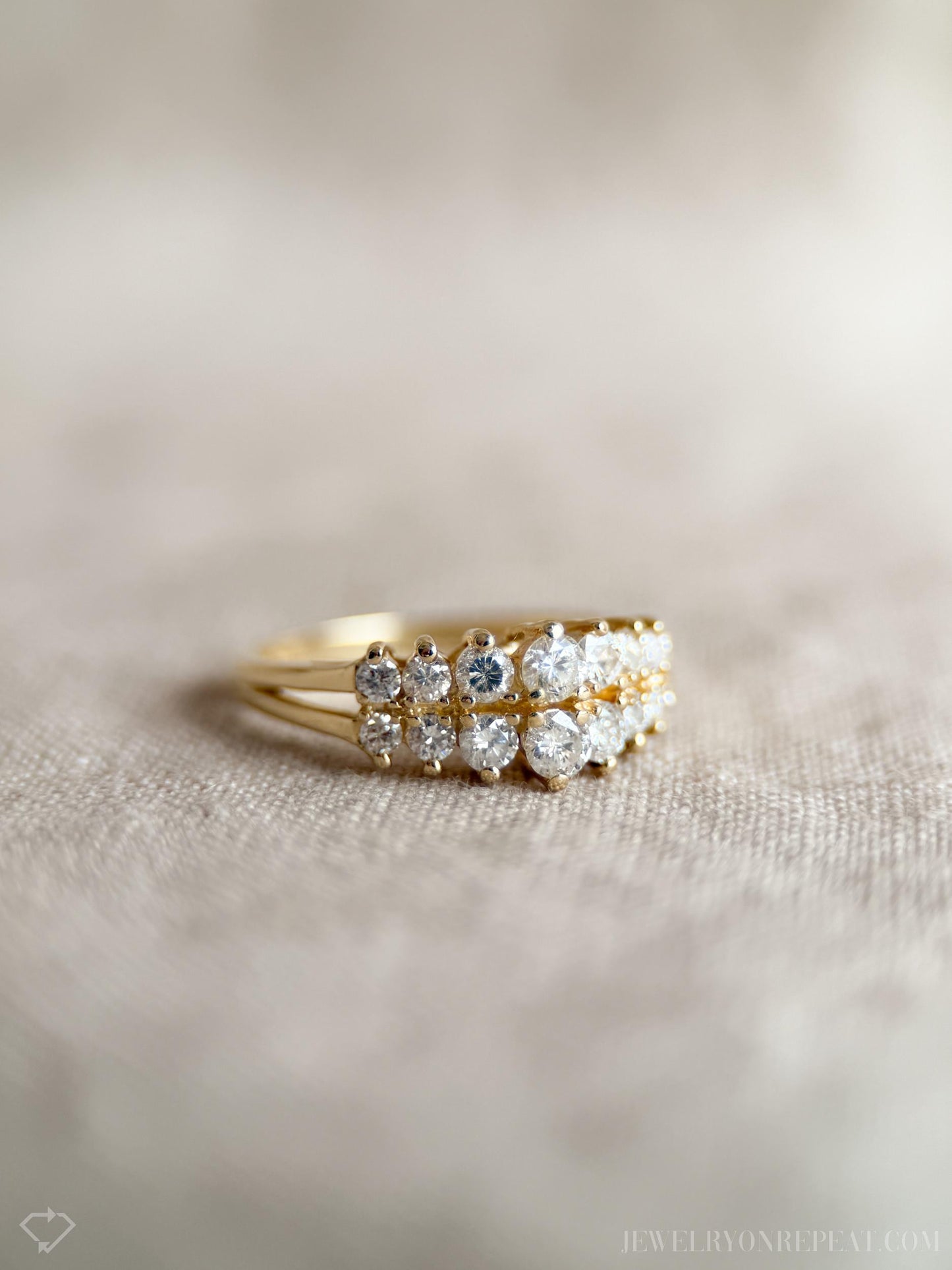 Vintage Diamond Wedding Band, 14k Gold, Round Cut Prong Set, Double Row Anniversary Ring