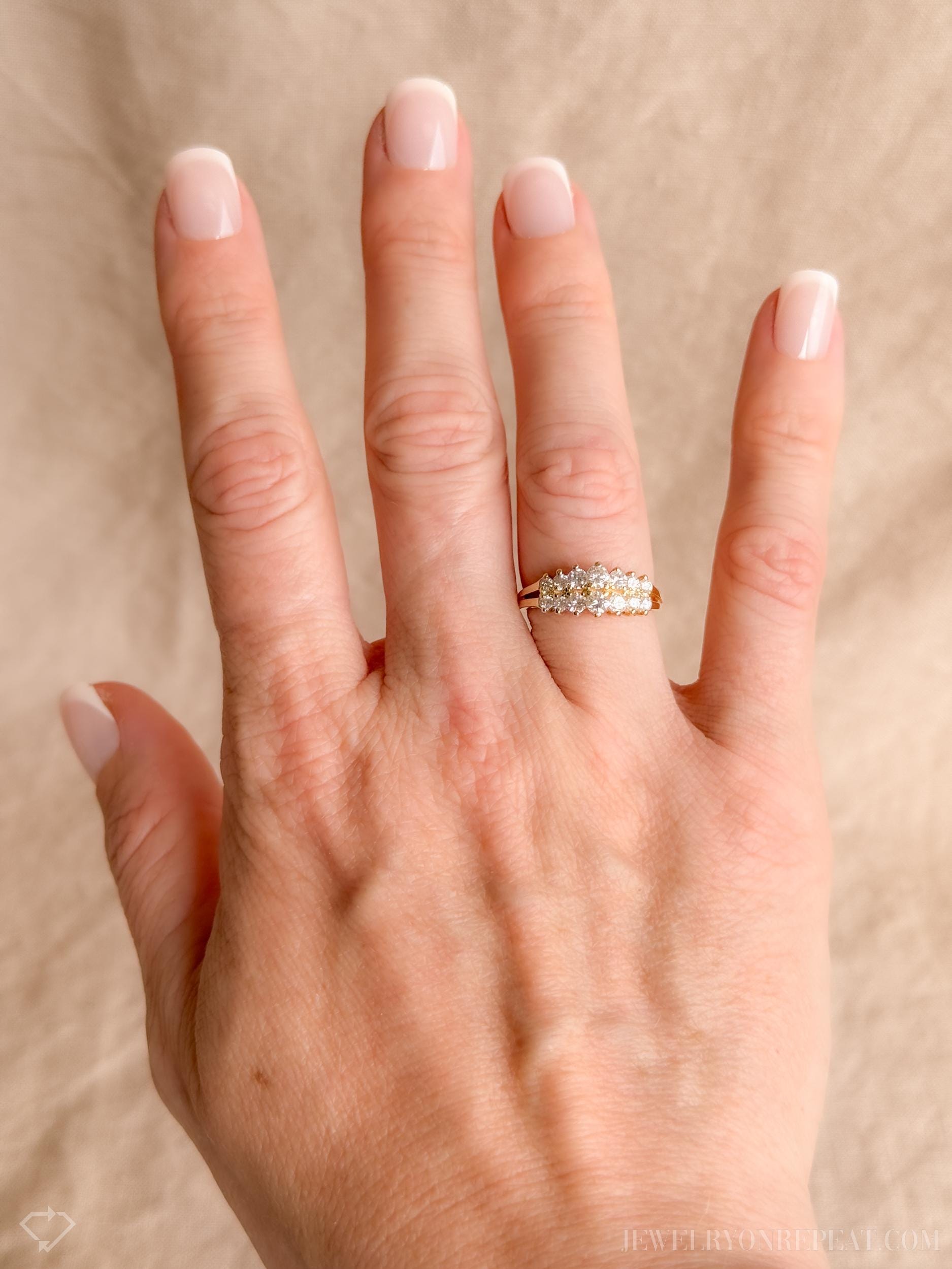 Vintage Diamond Wedding Band, 14k Gold, Round Cut Prong Set, Double Row Anniversary Ring