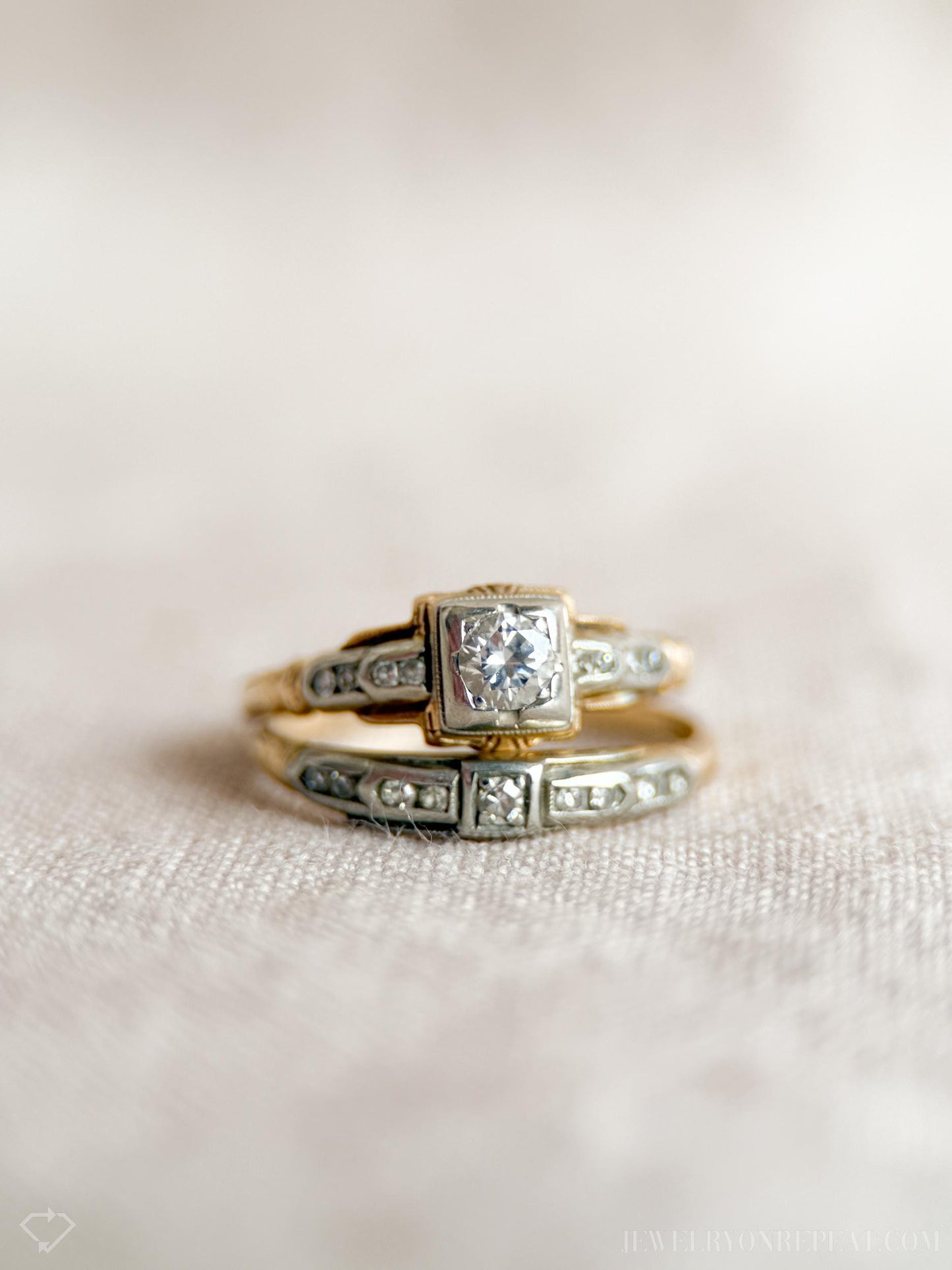 Vintage Art Deco Diamond Bridal Set, Engagement Ring and Wedding Band in 14k Gold, Antique 1940s Jewelry - Timeless, @JewelryOnRepeat