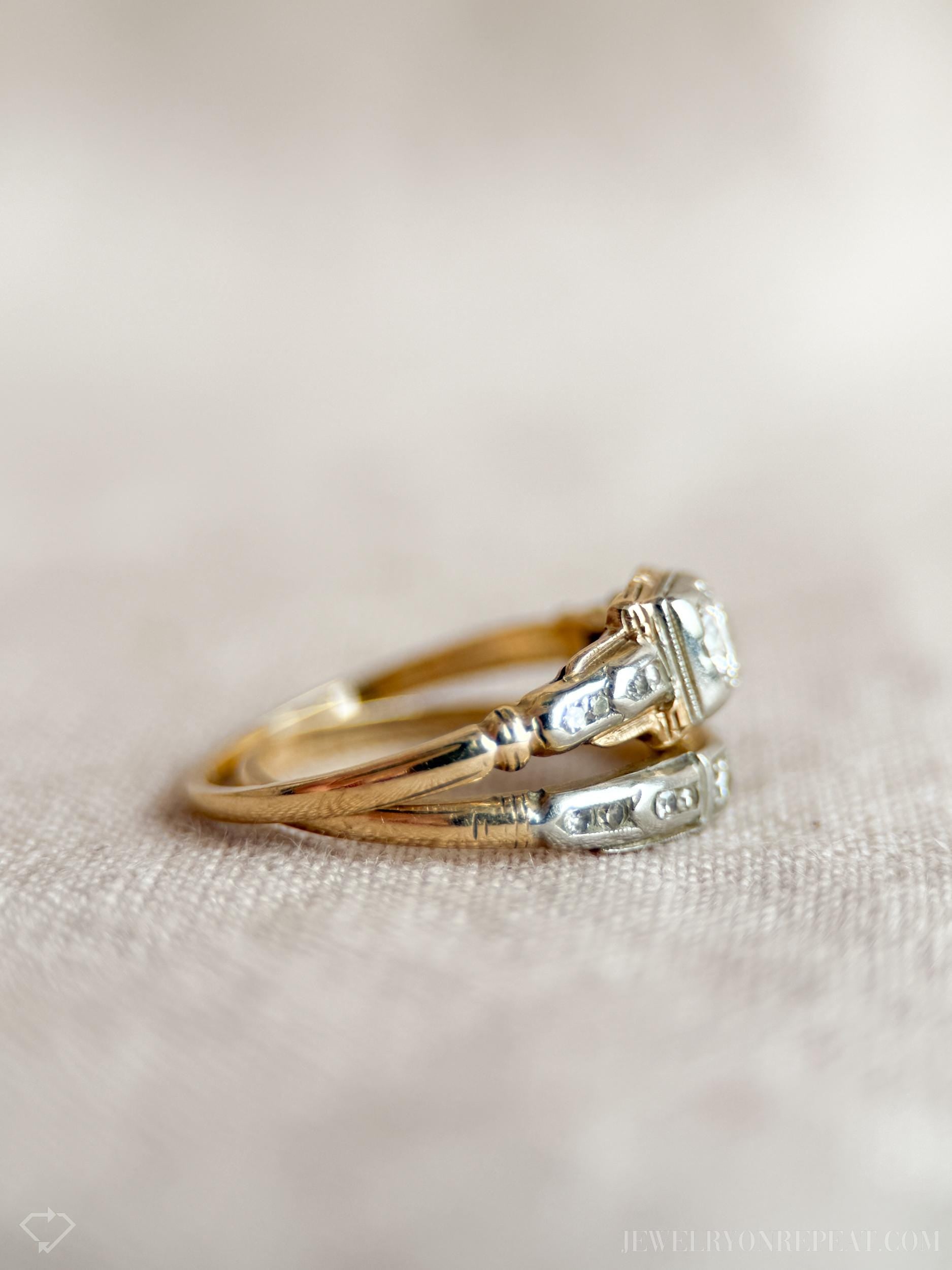 Vintage Art Deco Diamond Bridal Set, Engagement Ring and Wedding Band in 14k Gold, Antique 1940s Jewelry - Timeless, @JewelryOnRepeat